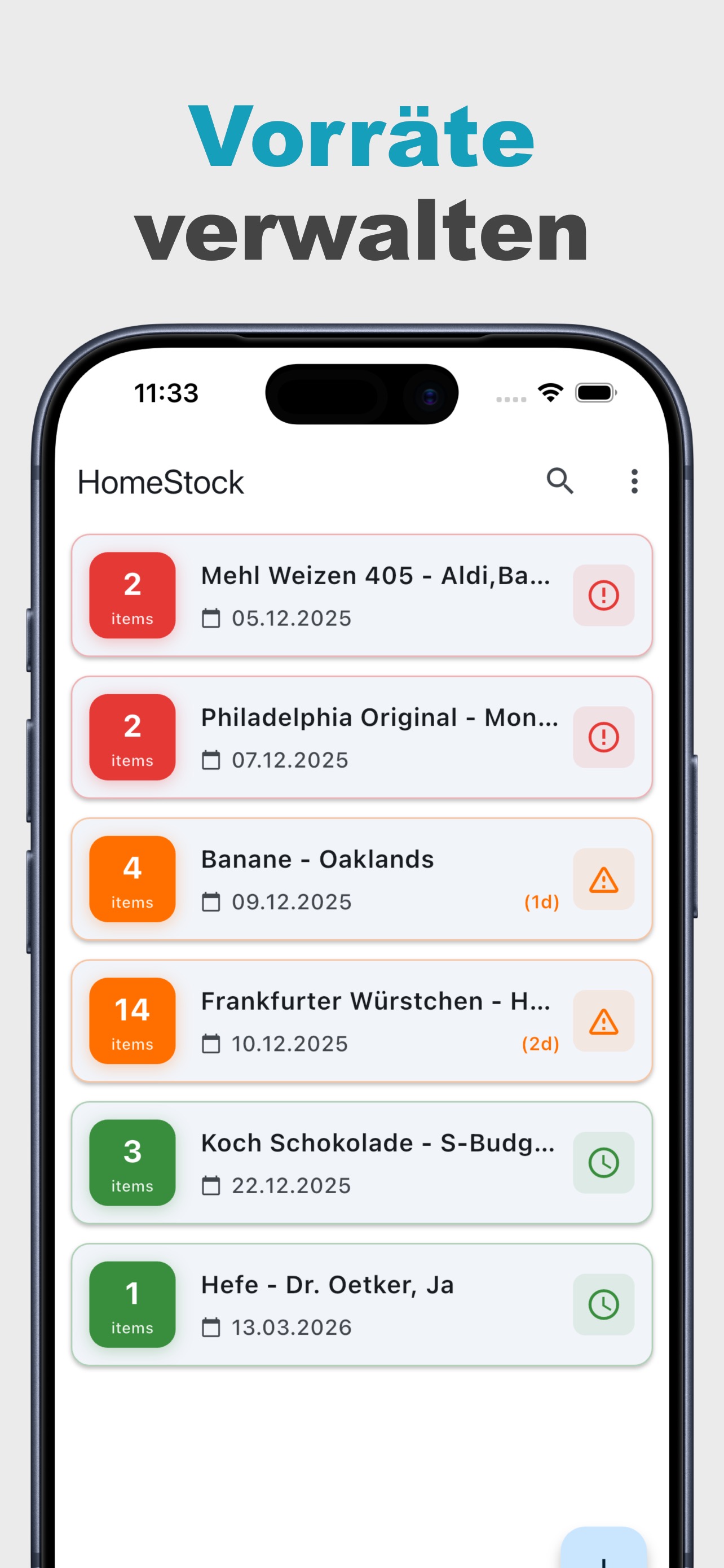 Screenshot Vorräte Liste